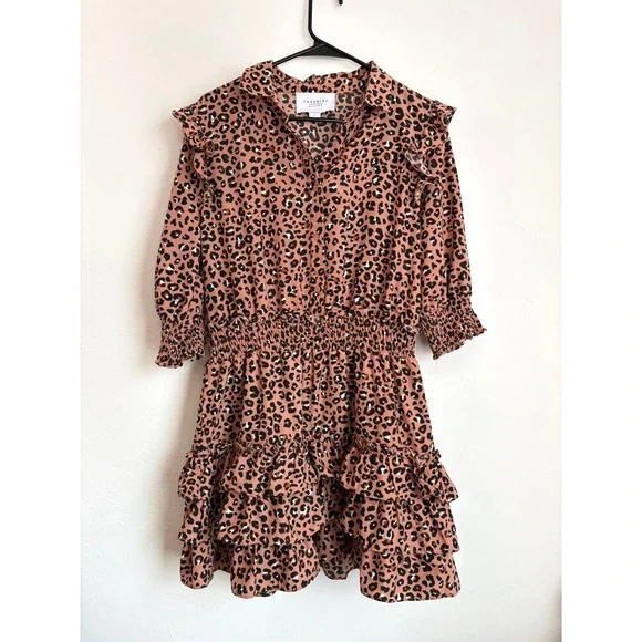 The Shirt Rochelle Behrens Leopard Tiered Mini Dress Preppy Wedding Guest Girly - Picture 2 of 5